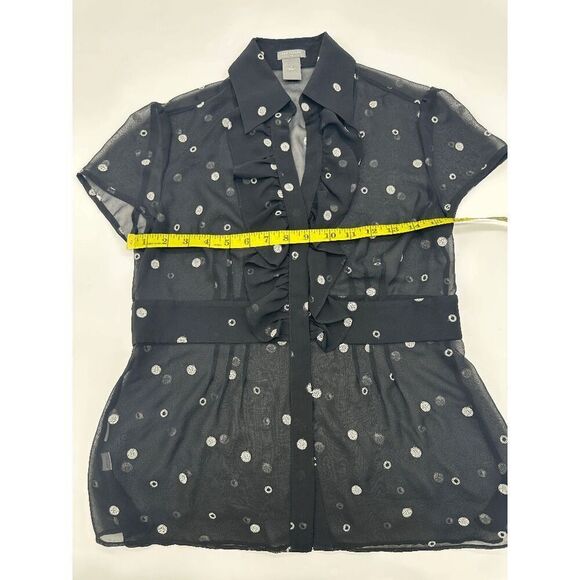 Ann Taylor Women’s Sheer Shirt Polka Dots Waist Accent & Ruffles Sz 2 B&W - Picture 5 of 7